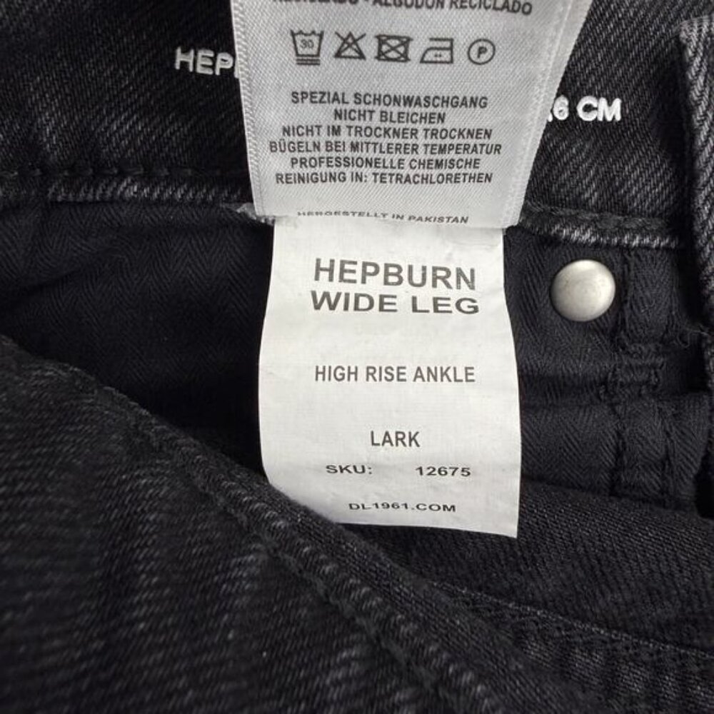 DL1961 Hepburn Wide Leg Distressed High Rise Jean Raw Hem 24 Lark Washed Black - Picture 8 of 10